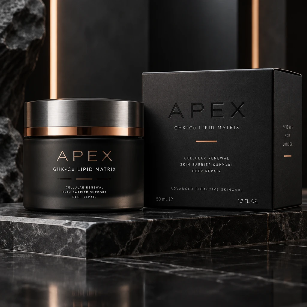 APEX GHK-Cu Lipid Matrix packaging concept, black jar and carton with a brushed metal lid and copper accent